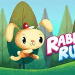 Aranyos rajzolt nyuszi ugrik egy erdős háttér előtt, mellette a Rabbit Run felirat látható