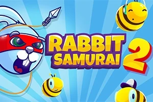Rajzfilmstílusú kép, amelyen egy piros szalagos, nyílvesszőt tartó nyuszi, sárga méhecskék és nagy betűkkel a Rabbit Samurai 2 felirat látható kék háttéren