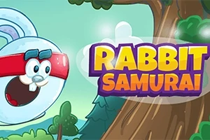 Egy szemüveges nyúl ugrik egy fa mellett, miközben mellette a Rabbit Samurai felirat olvasható színes betűkkel