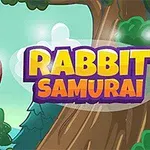 Egy szemüveges nyúl ugrik egy fa mellett, miközben mellette a Rabbit Samurai felirat olvasható színes betűkkel