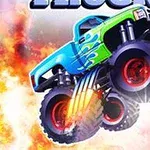 Egy színes, nagy kerekű monster truck emelkedik a levegőbe lángokkal a háttérben