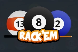 Három biliárdgolyó, a középső fekete 8-as, körülöttük a 13-as és 2-es számú golyók, alul Rackem felirat