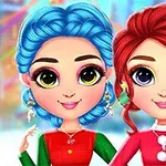 Két rajzfilm stílusú lány, élénk színű hajjal és nagy, kifejező szemekkel, ünnepi ruhákban