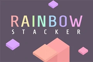 A Rainbow Stacker felirat színes betűkkel jelenik meg egy sötétszürke háttér előtt, körülötte lebegő, pasztell színű kockákkal