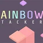 A Rainbow Stacker felirat színes betűkkel jelenik meg egy sötétszürke háttér előtt, körülötte lebegő, pasztell színű kockákkal