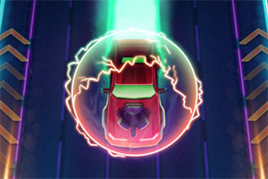 Piros autó energiapajzsban egy futurisztikus pályán