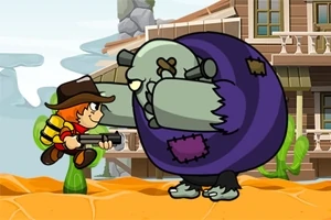 Kisfiú cowboy kalapban, pisztollyal hadonászik egy hatalmas zombival szemben, háttérben egy vadnyugati házzal