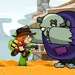 Kisfiú cowboy kalapban, pisztollyal hadonászik egy hatalmas zombival szemben, háttérben egy vadnyugati házzal