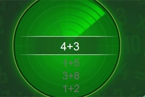 Zöld radarképernyő matematikai számításokkal, középen a 4+3 művelettel