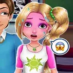 Rapunzel Scary Movie Egy rajzolt fiú és lány áll egymás mellett, ahol a fiún kék pulóver és fehér ing van, a lány pedig rózsaszínben izzad, mellette ördög és ijedt arcú hangulatjelek láthatóak