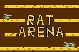 Egy barna háttér előtt sárga sajt alakú elemek között két egér látható, miközben középen nagy betűkkel a RAT ARENA felirat jelenik meg