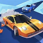 Narancssárga autó fekete csíkokkal driftel egy kék útvonalon, miközben mögötte egy kék autó követi