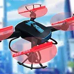 Egy futurisztikus drón piros rotorokkal, háttérben homályos kékes épületek