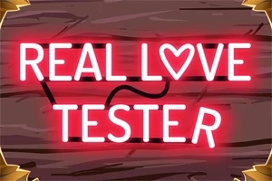 Neon fényekkel ábrázolt REAL LOVE TESTER felirat fa háttéren