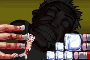 Egy rajzfilmfigura hosszú körmű kézben, háttérben egy sötét arc látható kockák előtt
