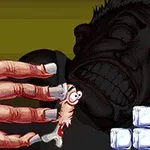 Egy rajzfilmfigura hosszú körmű kézben, háttérben egy sötét arc látható kockák előtt