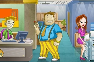 Egy irodai környezet karikatúrás stílusban, ahol három figura látható: egy komor férfi a számítógép mögött, egy mosolygó férfi kék ingben és sárga nadrágban középen, és egy nő rózsaszín ruhában egy másológép mellett