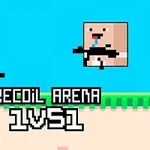 Két pixeles figura fegyverrel és a RECOIL ARENA 1VS1 felirat színes hátterű grafikus stílusban