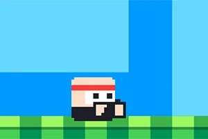 Egy kockás, pixelart stílusú karakter fejpánttal ugrik zöld platformon, háttérben kék ég