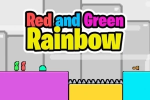 Két színes figura áll színes platformokon, tüskék és egy kulcs mellett, háttérben Red and Green Rainbow felirattal