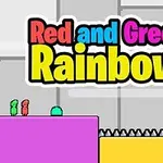 Két színes figura áll színes platformokon, tüskék és egy kulcs mellett, háttérben Red and Green Rainbow felirattal