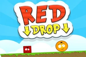 Egy piros kocka és egy narancssárga golyó mosolygós arccal fekszik egy zöld talajon kék égbolt előtt, felül nagy RED DROP felirattal