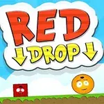 Egy piros kocka és egy narancssárga golyó mosolygós arccal fekszik egy zöld talajon kék égbolt előtt, felül nagy RED DROP felirattal