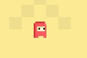 Egy egyszerű piros, pixeles karakter világos sárga háttér előtt