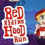 Egy rajzfilmszerű, piros ruhás lány kosárral a sötét erdő szélén, mellette piros feliratok jelennek meg
