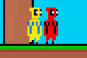 Két pixeles figura, egy sárga és egy piros, állnak egymás mellett egy kék háttér előtt