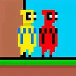 Két pixeles figura, egy sárga és egy piros, állnak egymás mellett egy kék háttér előtt