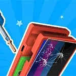 Kékszínű háttér előtt egy piros mobiltelefon látható, repedt képernyővel és mellette egy csavarhúzó