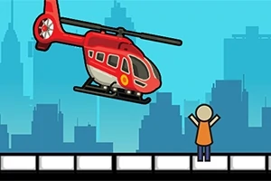 Egy piros helikopter repül egy ember fölött, aki a tetőn áll és a város sziluettje látható a háttérben