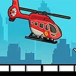 Egy piros helikopter repül egy ember fölött, aki a tetőn áll és a város sziluettje látható a háttérben