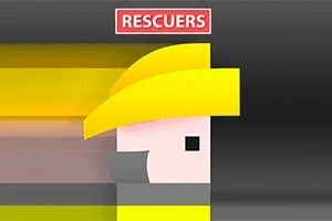 Egy egyszerű, stilizált animált karakter sárga tűzoltósisakban, szürke háttérrel és RESCUERS felirattal