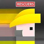 Egy egyszerű, stilizált animált karakter sárga tűzoltósisakban, szürke háttérrel és RESCUERS felirattal