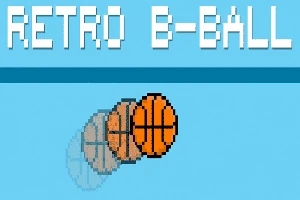 Kék háttéren egy pixeles kosárlabda, mozgás közben, retro stílusú szöveggel