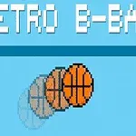 Kék háttéren egy pixeles kosárlabda, mozgás közben, retro stílusú szöveggel