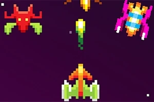 Pixeles űrhajók és ellenséges lények jelennek meg a sötét háttér előtt