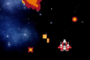 Egy űrhajó pixelgrafikával, lövedékekkel és űrbeli háttérrel