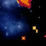 Egy űrhajó pixelgrafikával, lövedékekkel és űrbeli háttérrel