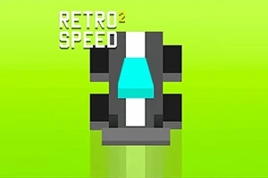 Zöld háttér előtt egy stilizált, fekete-fehér versenyautó látható, kék szélvédővel, mellette a RETRO SPEED 2 felirat