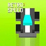 Zöld háttér előtt egy stilizált, fekete-fehér versenyautó látható, kék szélvédővel, mellette a RETRO SPEED 2 felirat
