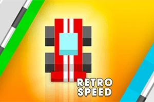 Piros versenyautó kék ablakokkal sárga háttéren, „RETRO SPEED” felirattal