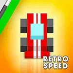 Piros versenyautó kék ablakokkal sárga háttéren, „RETRO SPEED” felirattal