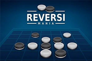 Kék háttér előtt fekete-fehér korongok egy rácsozott táblán, REVERSI MANIA felirattal