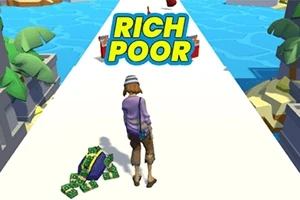 Egy kalapos figura párnás ujjú felsőben egy hosszú, fehér úton halad, egy pénzkupac mellett, háttérben kék víz és a „Rich Poor” felirat