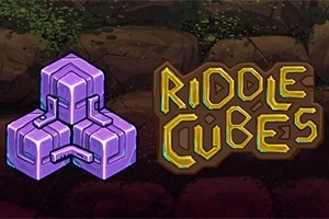 Lila kockákból álló, összetett geometriai forma, mellette dekoratív Riddle Cubes felirat sötét háttér előtt