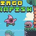 Pixel art stílusú kép színes karakterekkel, köztük egy rózsaszín csillag formájú figura, zöld állatszerű lény, és egy rózsaszín kagylószerű lény, kék háttérrel és zöld betűkkel