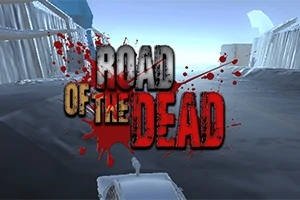Egy autóúton haladó jármű tetején egy karakter áll, miközben a kép közepén a ROAD OF THE DEAD felirat látható vércseppekkel